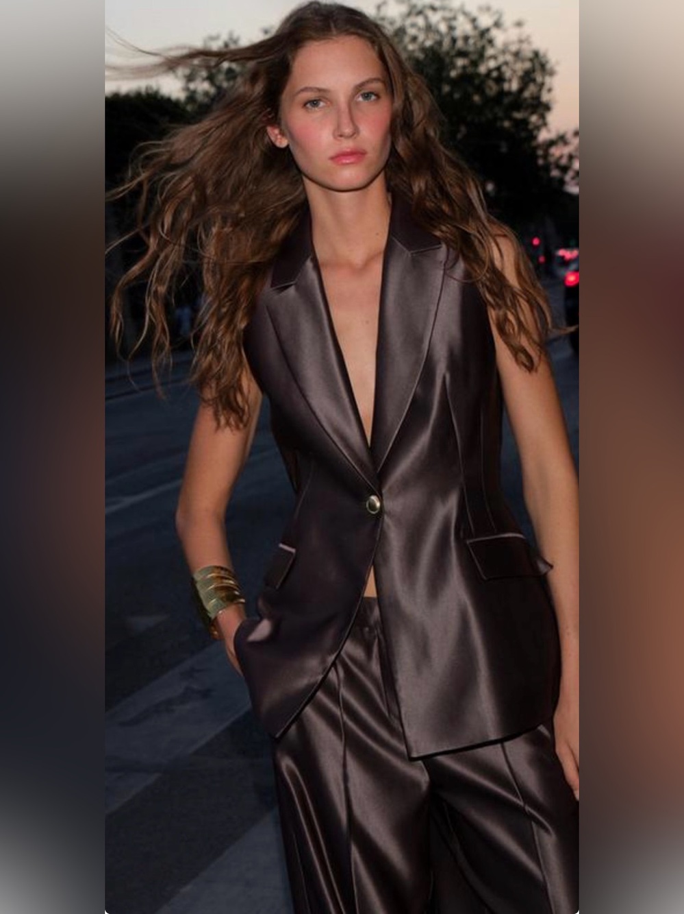 Zara Sleeveless Satin Waistcoat Blazer Tailored Lapels Vest Chocolate Brown Med